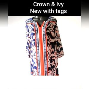 NWT Crown & Ivy Dress Size 4 3/4 Length Sleeve V Neck Midi Sheath Rayon $89.